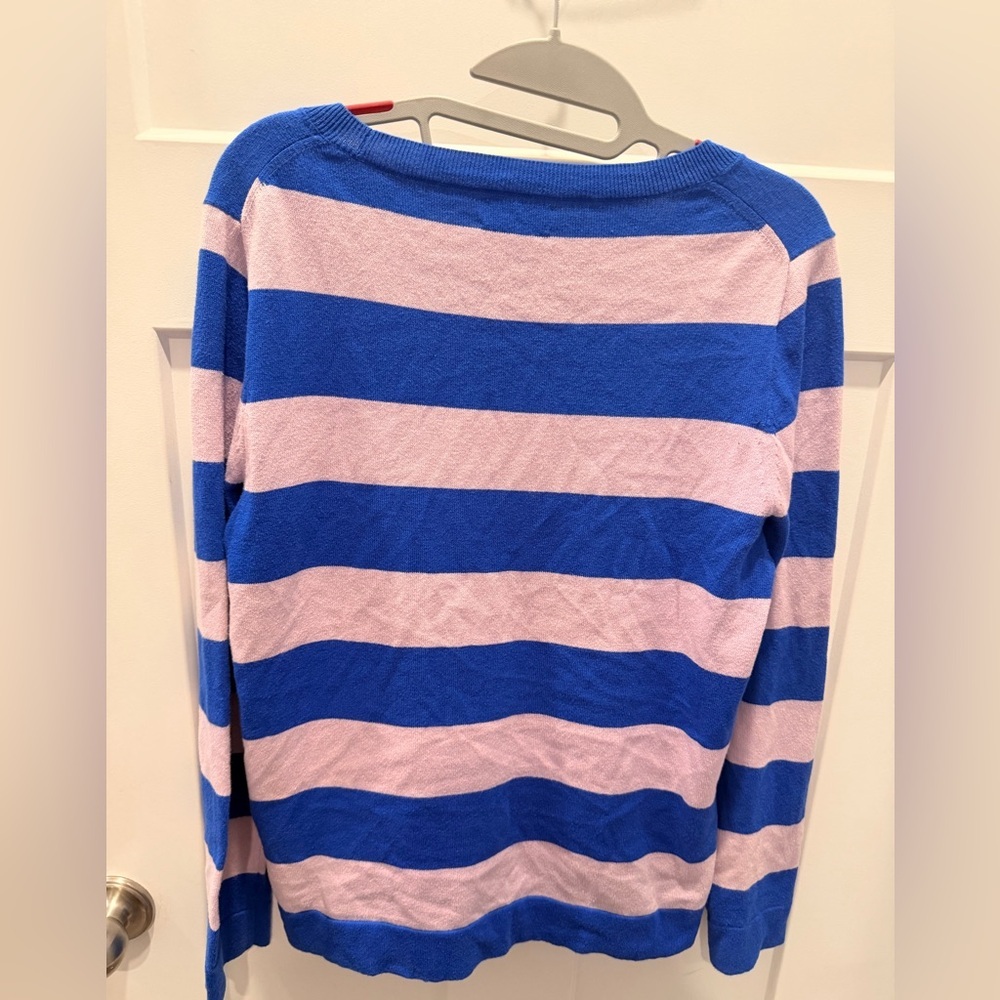 J.Crew Teddy Sweater Small Blue Pink Striped Crewneck 100% Cotton Lightweight - Picture 4 of 9